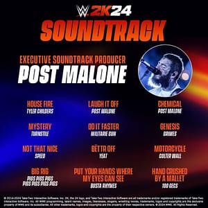 Read more about the article MUSIC MEGASTAR POST MALONE CURATES SOUNDTRACK TO WWE® 2K24 AND JOINS PLAYABLE ROSTER